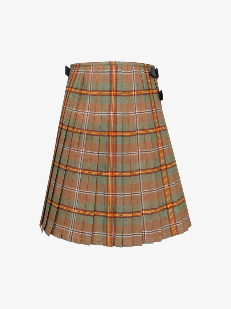 Plaid kilt with orange and green pattern on a white background