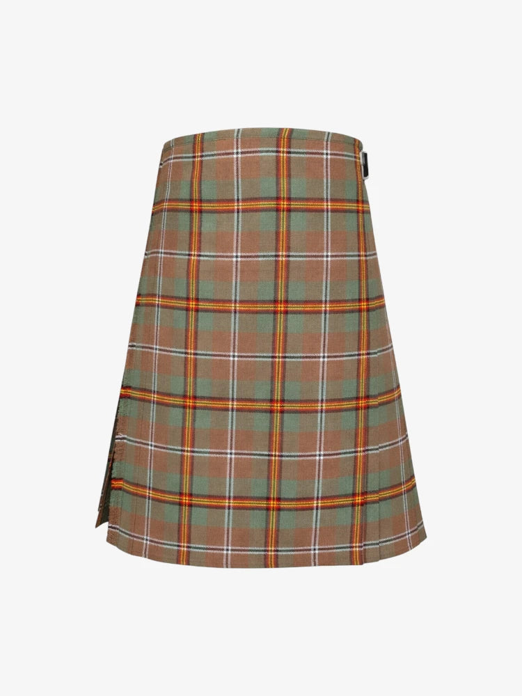 Plaid kilt with green, orange, and white pattern on a white background