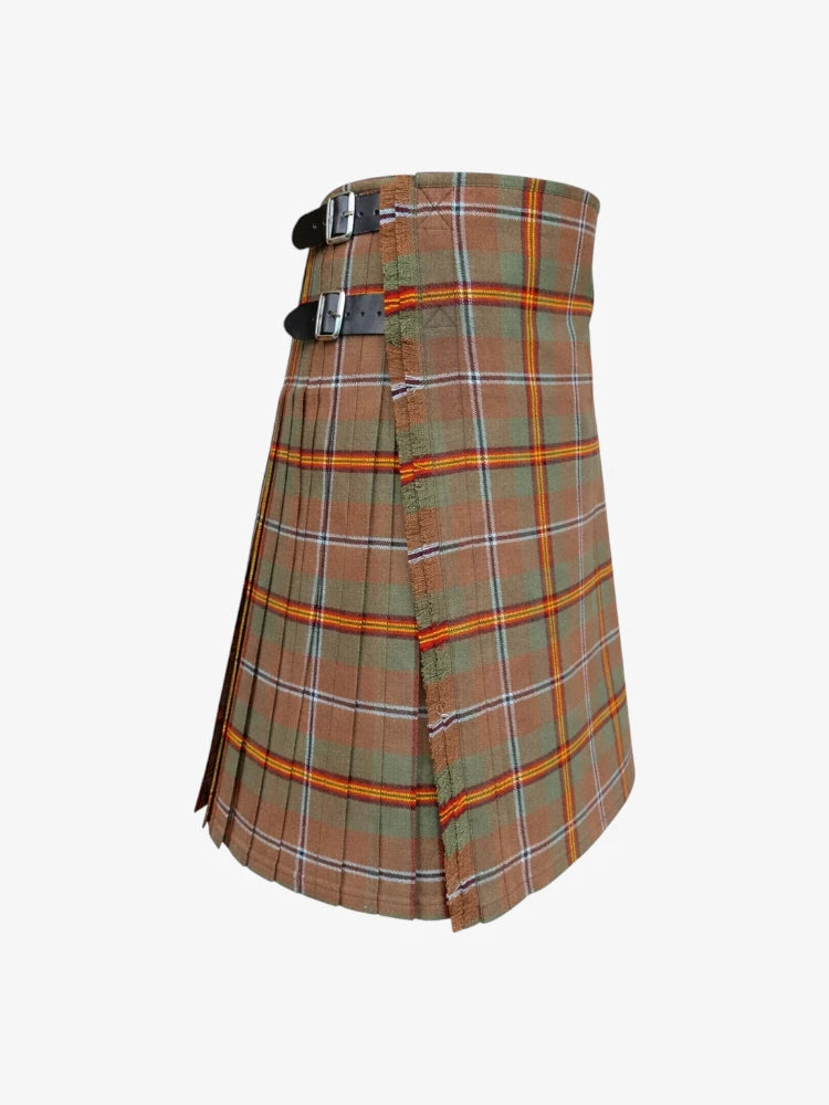 Plaid kilt with orange and green pattern on a white background